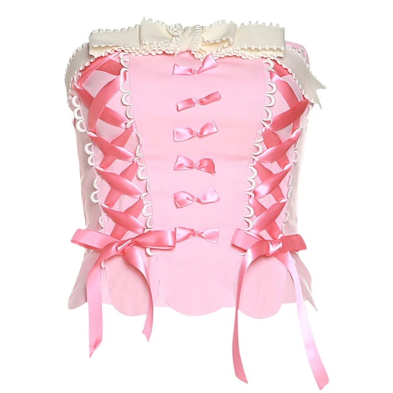 

Retro Pink Bows Crop Tops for Tank Top Streetwear Casual Corset Tops Bustier
