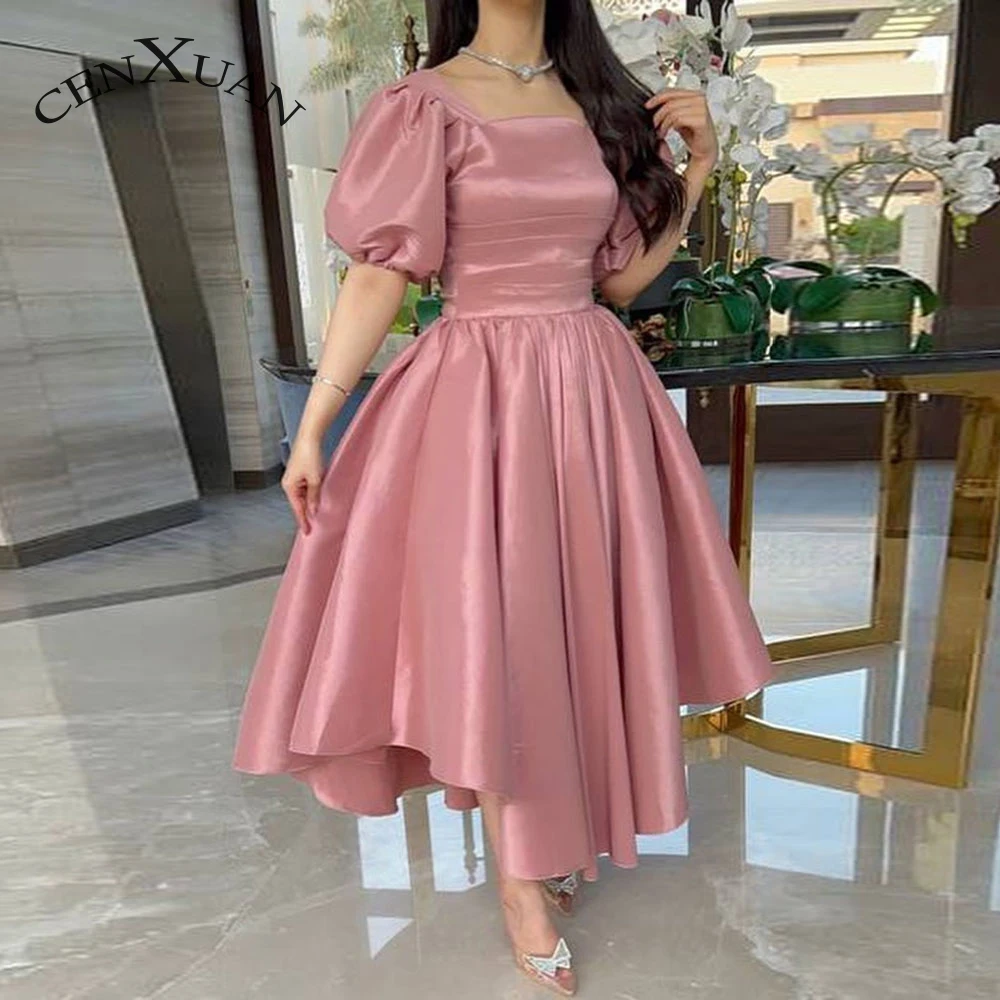 

Cenxuan Modern Satin Square Collar Short Puff Sleeve Pleat A-Line Formal Party Dresses For Women Made To Order Vestido De Fiesta