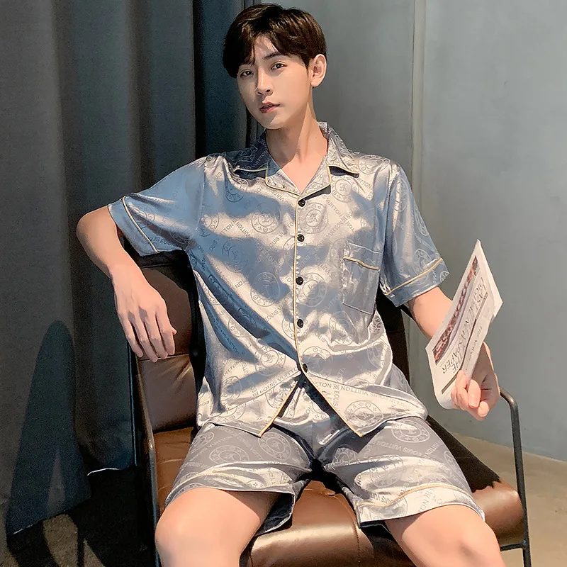 Men's Summer Short-Sleeved Shorts Two-Piece Ice Silk Thin Pajama Suit, Celebrity Hot Selling Imitation silk Loungewear Sets