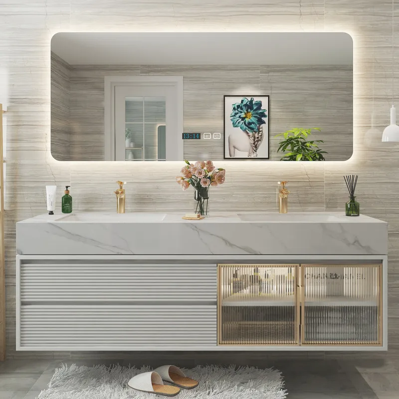 

Light Luxury Modern Bathroom Cabinet Solid Oak Washbasin Sink Double Basin Wall Mounted Combination Home Furniture