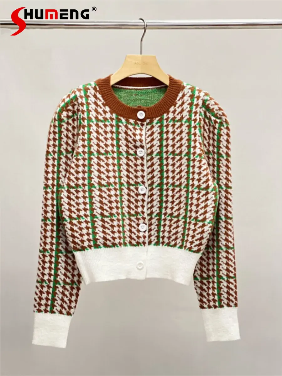 

Женский однобортный вязаный свитер, элегантный классический кардиган в французском ретро-стиле с узором «гусиные лапки», пальто