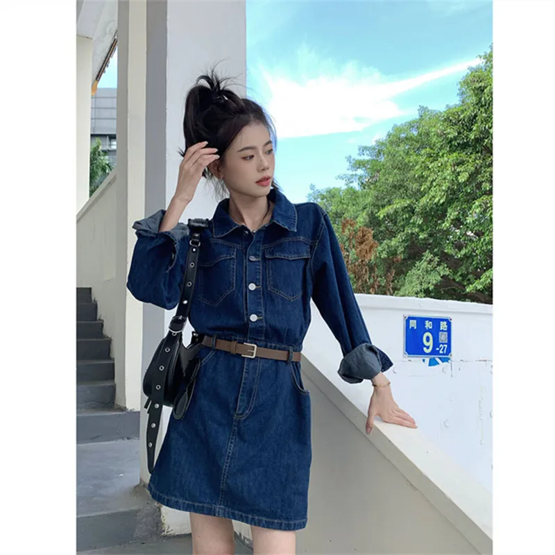 

2023 Summer Denim Dress Lapel Buttons French Vintage Medium Length Cheap Women's Clothing And Free Shipping