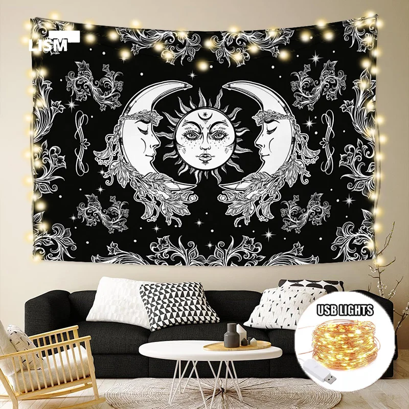 

Sun And Moon Starry Sky Tapestry With Lights Mandala Witchcraft Hippie Psychedelic Tapestries Black and White Wall Dorm Decor