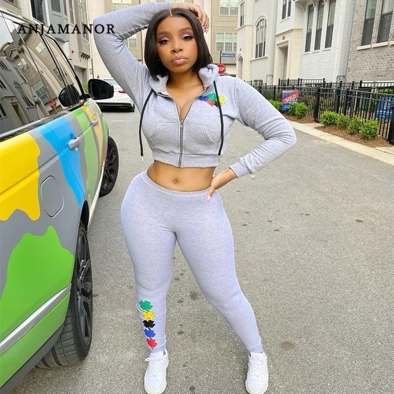 

ANJAMANOR Zipper Hoodie Sports Tracksuit Two Piece Set Women Long Sleeve Top and Pants 2pc Outfits Woman Joggers Set D23-EB57