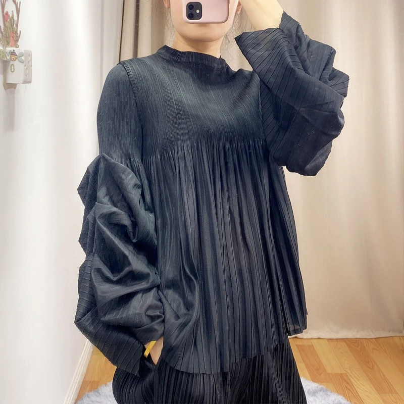 

Miyake Pleated Petal Sleeve Crop Top Women 2022 Autumn Korean Fashion Loose Tee Fashionable Aesthetic Designer Clothes One Piece