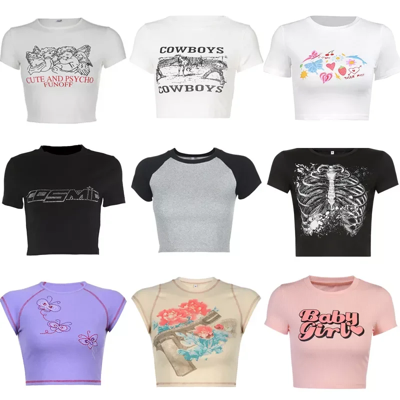

Y2K Aesthetic Kawaii Baby Tees Women Summer Casual Short Sleeve Crop Top Korean Fashion Harajuku Print Skinny T-shirt Streetwear