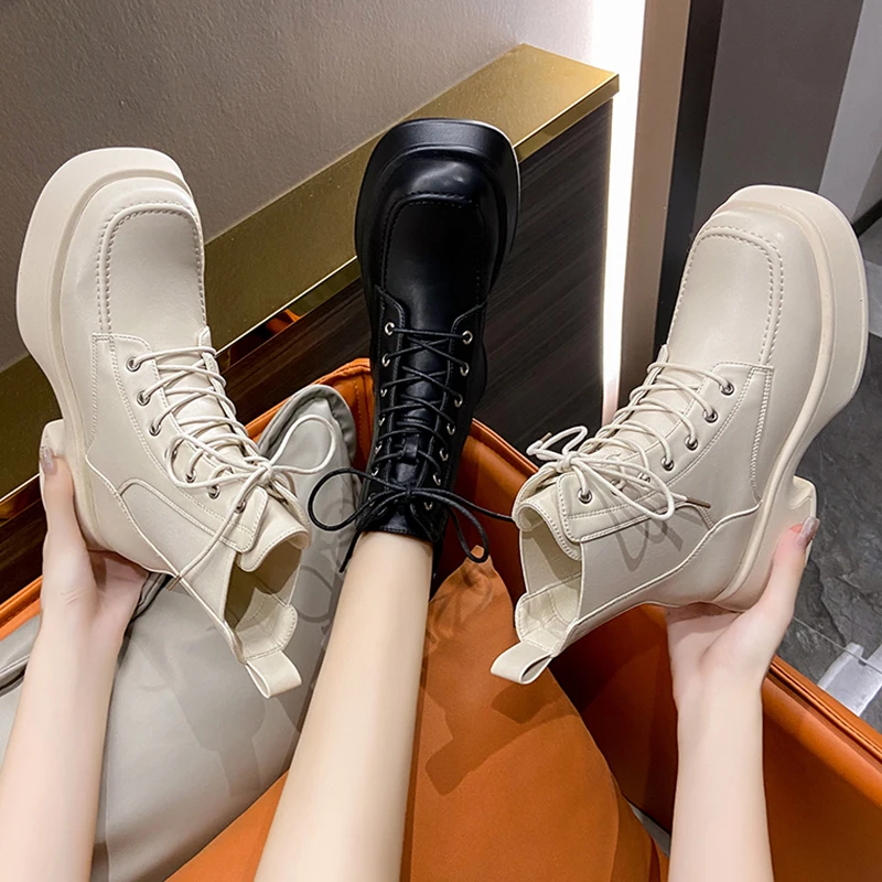 

Женские резиновые ботильоны с перекрестной шнуровкой, Модные осенние полуботинки Челси на платформе с круглым носком, 2022