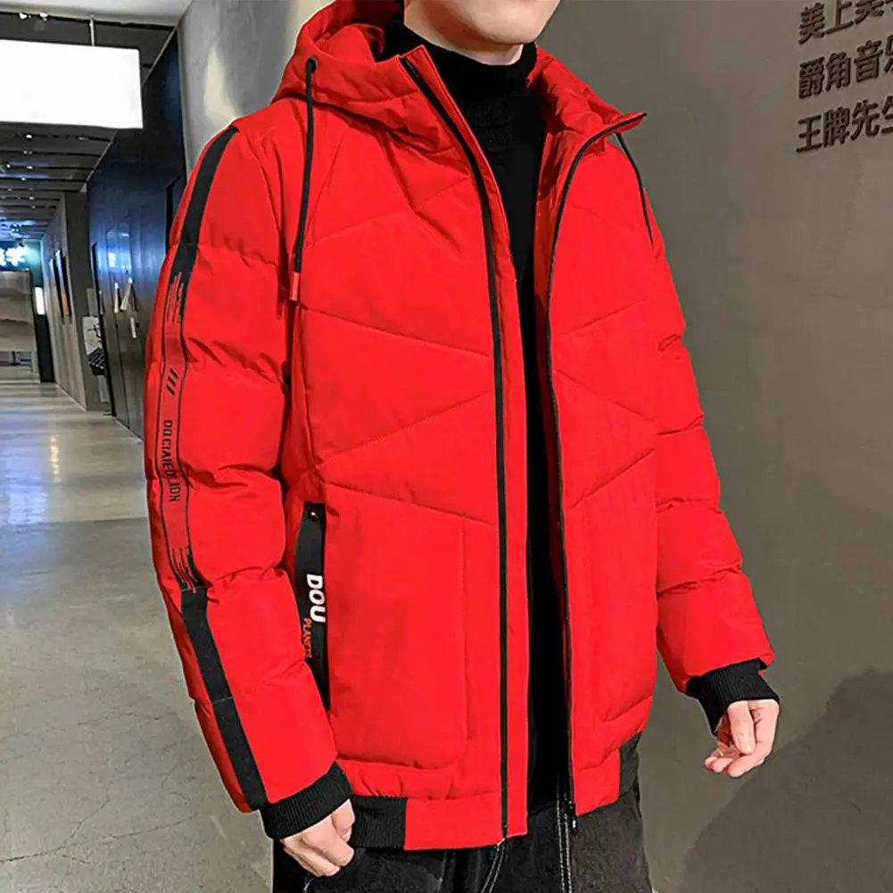 Stylish Men Hooded Jacket Slim Fit Temperament Ribbed Cuff Fluffy Filling Jacket  Thicken Men Hooded Coat for Office