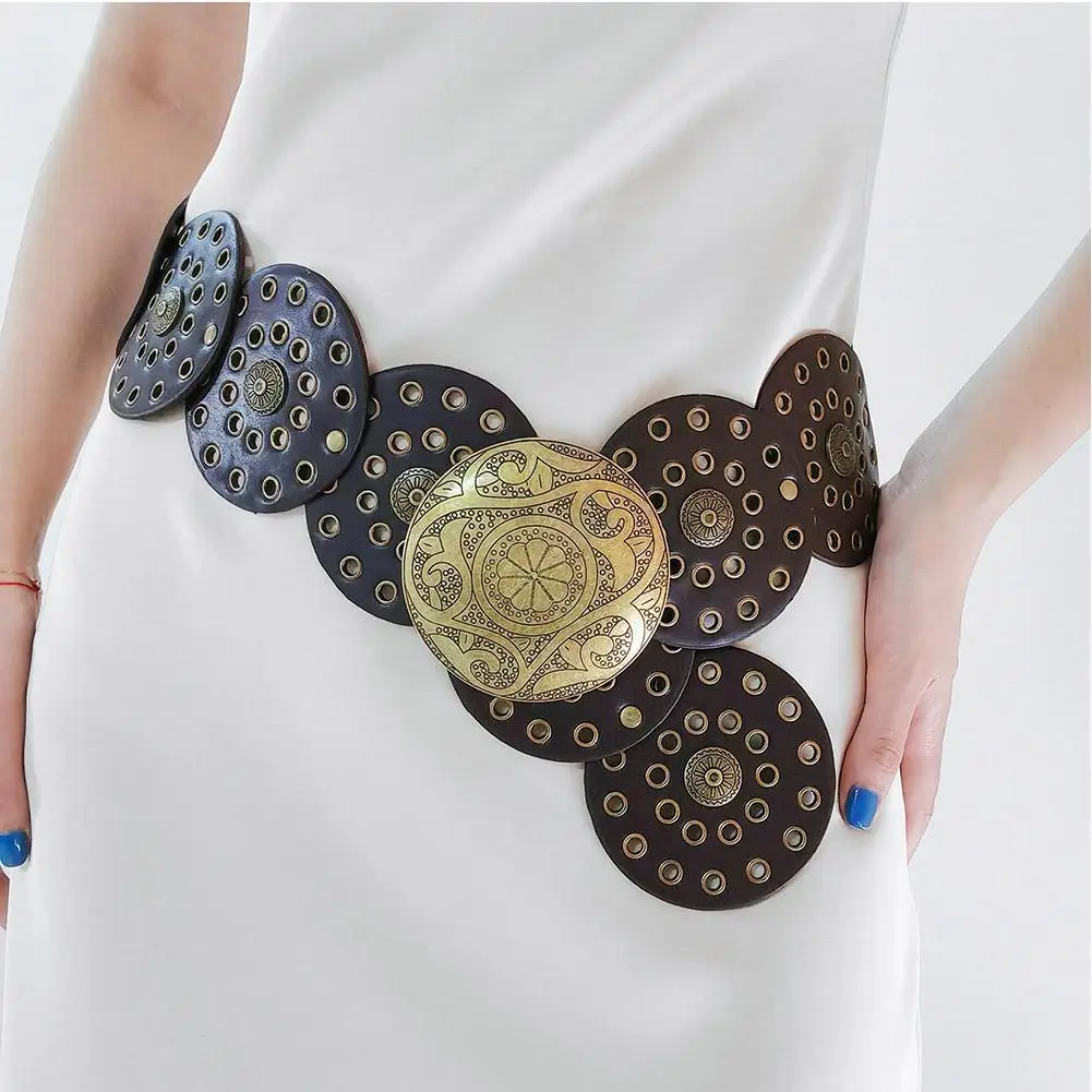 

Y2K Hollow Western Style Exaggerated Cowboy Wide Disc Belt Women Vintage Soft Durable Belt I9B8
