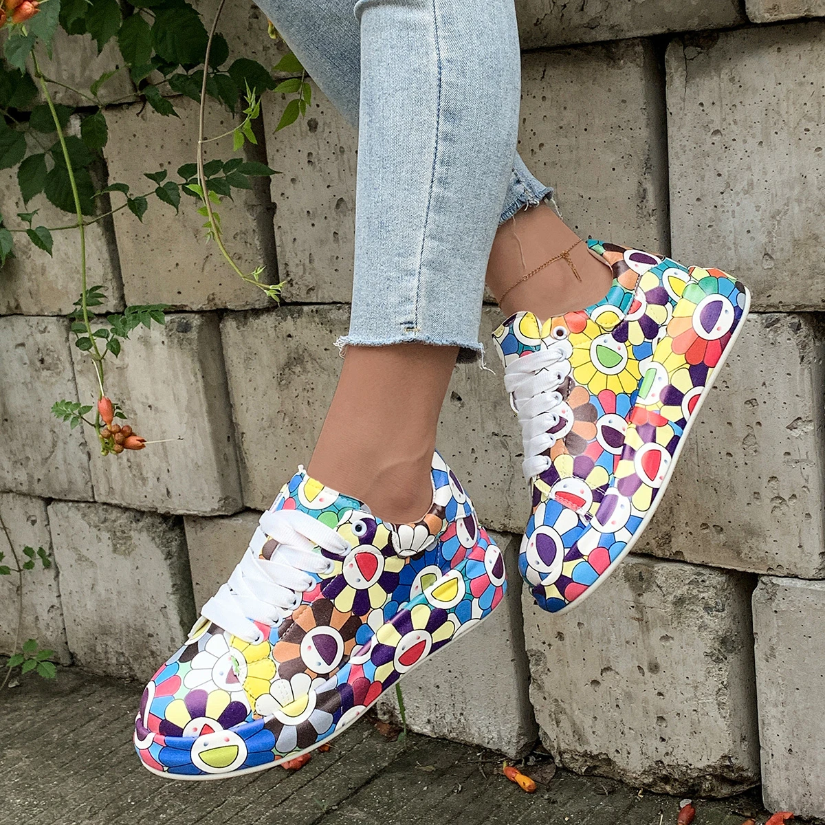 Women's Sneakers Summer Autumn Fashion Platform Outdoor Sneakers Trend Graffiti Shoes Comfortable Lace-up Flat Sneakers