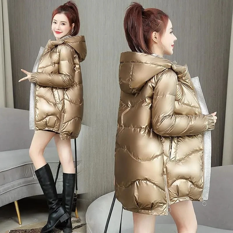 2022 New Winter Jacket Parkas Women Glossy Down Cotton Jacket Hooded Parka Warm Female Cotton Padded Jacket Casual Outwear P985