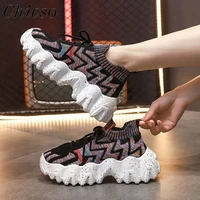 2022 sport sneakers women spring new fashion mix color knitted fabric lace up casual vulcanized shoes running walking shoes
