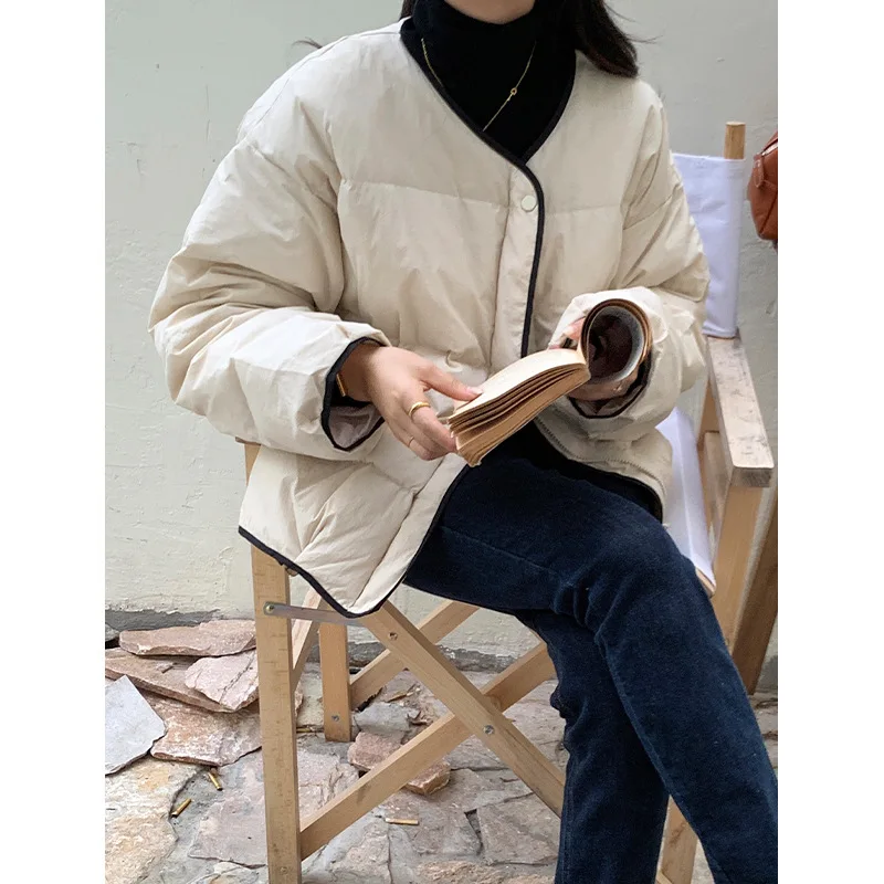 New Down Jacket Women's Winter Round Collar Lapel White Eiderdown Cotton Jacket Solid Color Loose Thick Warm Short Casual Coat