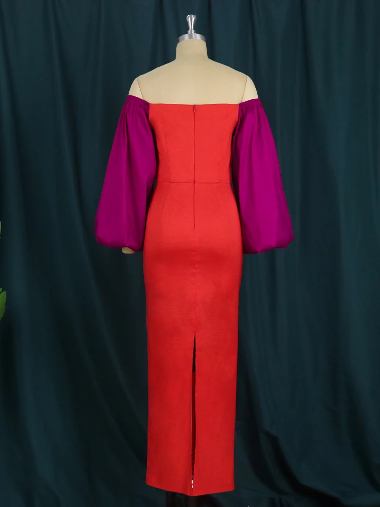 Платье женское длинное Облегающее с рукавами-фонариками и пэчворком