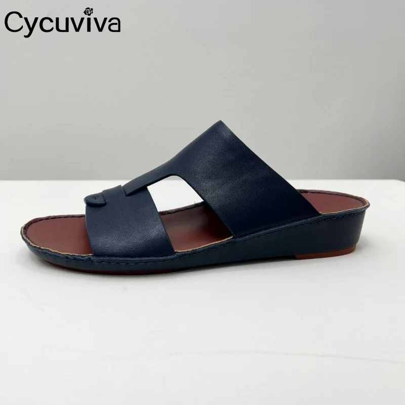 Летние Брендовые мужские шлепанцы на плоской подошве открытые кожаные с