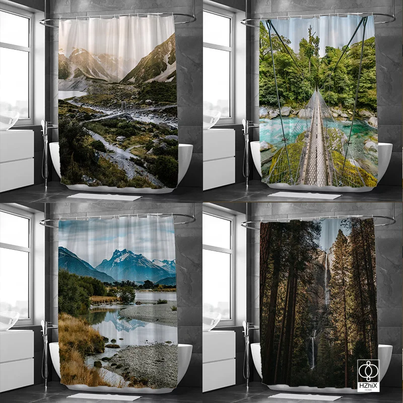 

Waterfall Spring Landscape Curtain Set 3D Print Forest Scenery Waterproof Polyester Bathroom Curtain with Hooks Products Decor