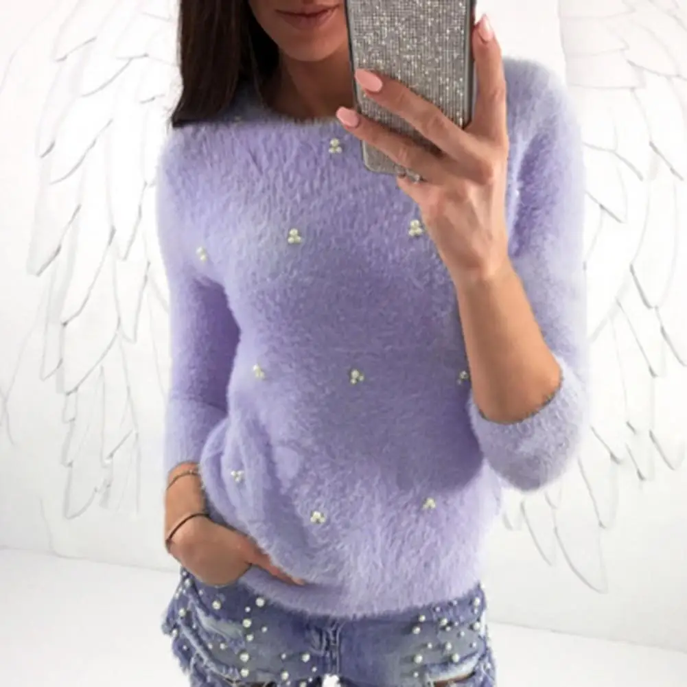 

Women Plush Knitted Sweater O-Neck Long Sleeve Slim Fit Solid Color Autumn Winter Faux Pearls Decor Sweater Female Clothing