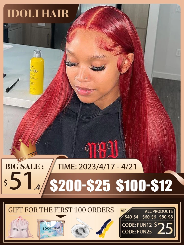 

Burgundy Lace Front Wig HD Transparent Lace Front Colored Human Hair Lace Wigs 13x6 Wigs for Women Straight 12"-34" Inch 180%