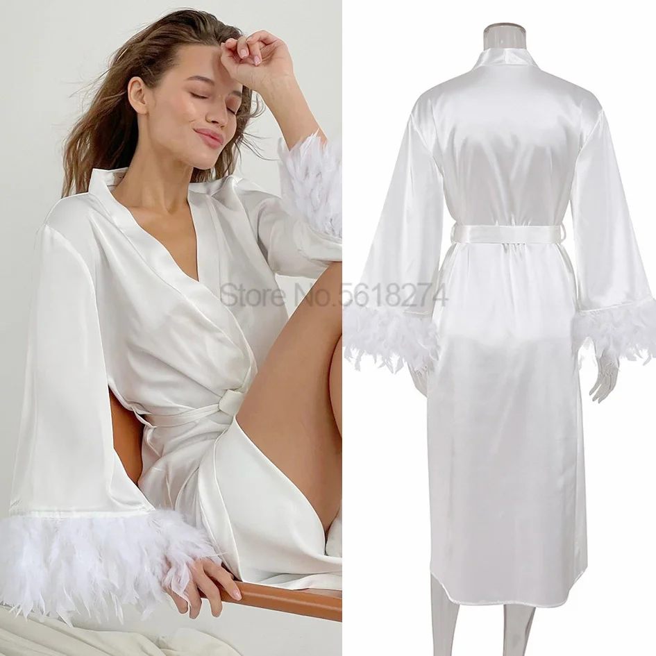 

Sexy Loose Bridal Robe Gown With Feather Summer V-Neck Bathrobes Nightgown Lady Long Kimono Bath Gown Wedding Sleepdress