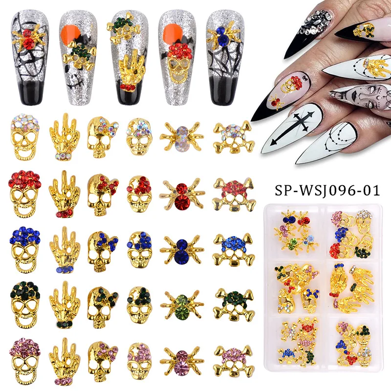 60Pcs Scary Halloween Nail Art Gold Silver Metal Spider Skull Hand Skeleton + Luxury Rhinestones Gems For Halloween Nail Charms enlarge