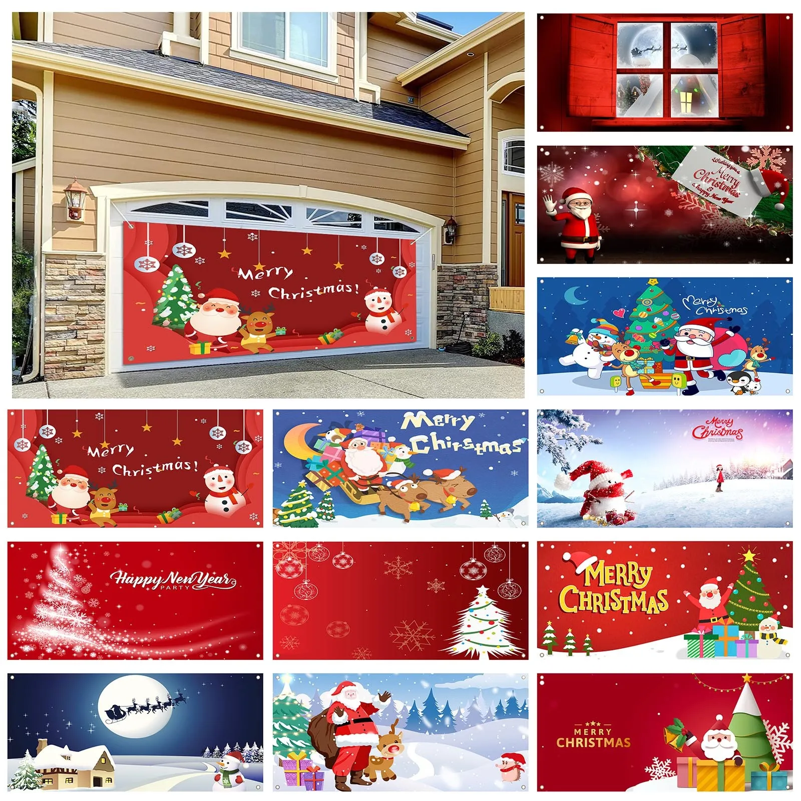 

70 .8X 157.4 Inches Merry Christmas Holiday Banner Garage Door Cover Mural Winter Snowman Santa Outdoor Large Door Cover