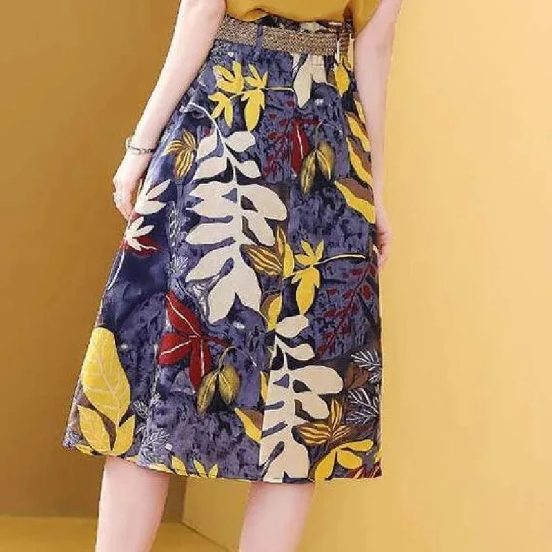 

Elegant Fashion Floral Printed Skirts Spring Summer 2022 Streetwear Elastic Mid Waist Loose Chiffon Midi Skirts Women's Clothing