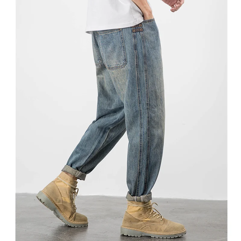 Streetwear Men New Pattern Vintage Recreational Martin Boots Pants Straight Cylinder Comfortable Loose Blue Jeans Autumn Female