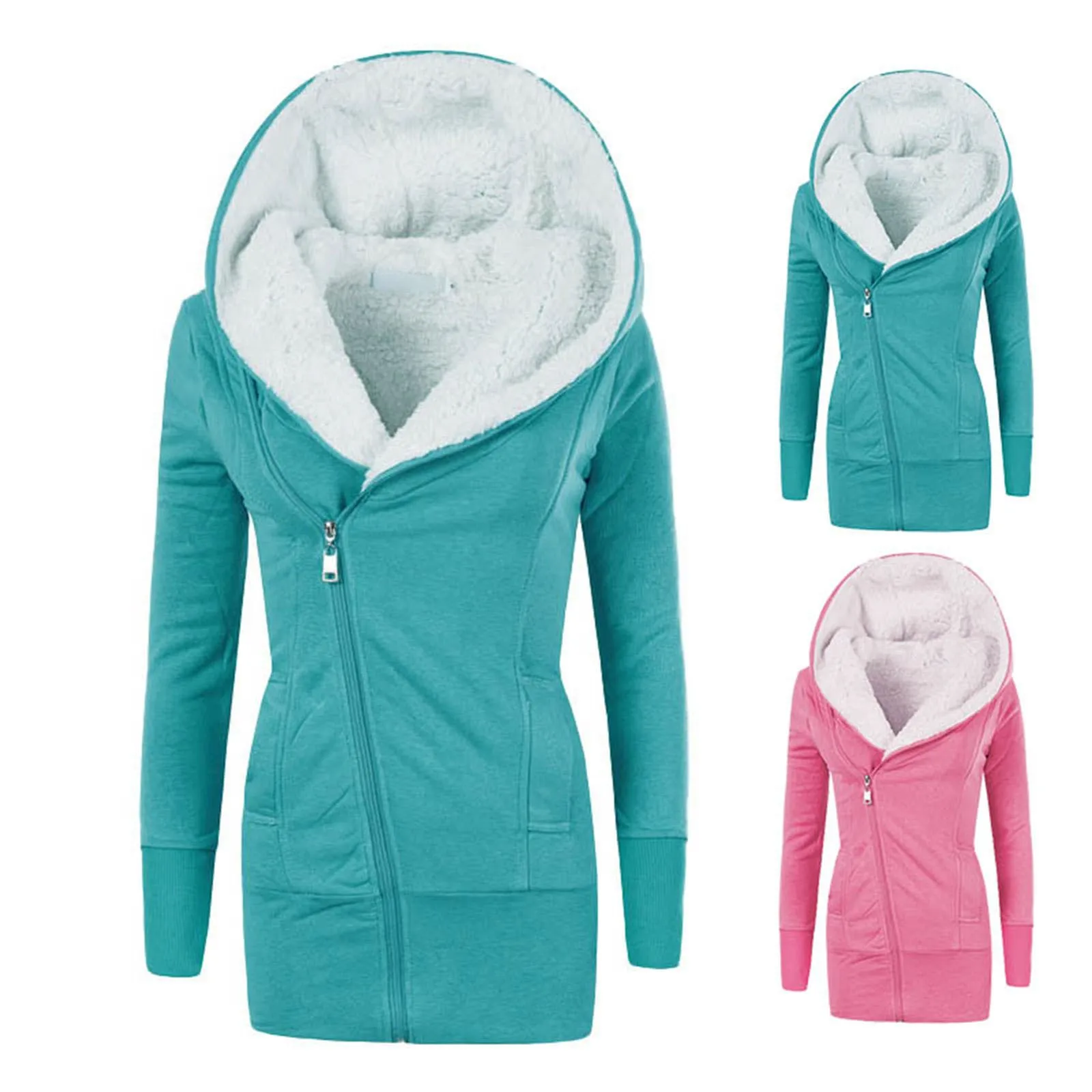 

Женская однотонная хлопковая толстовка с капюшоном, теплое пальто с флисовой подкладкой, облегающее пальто на молнии