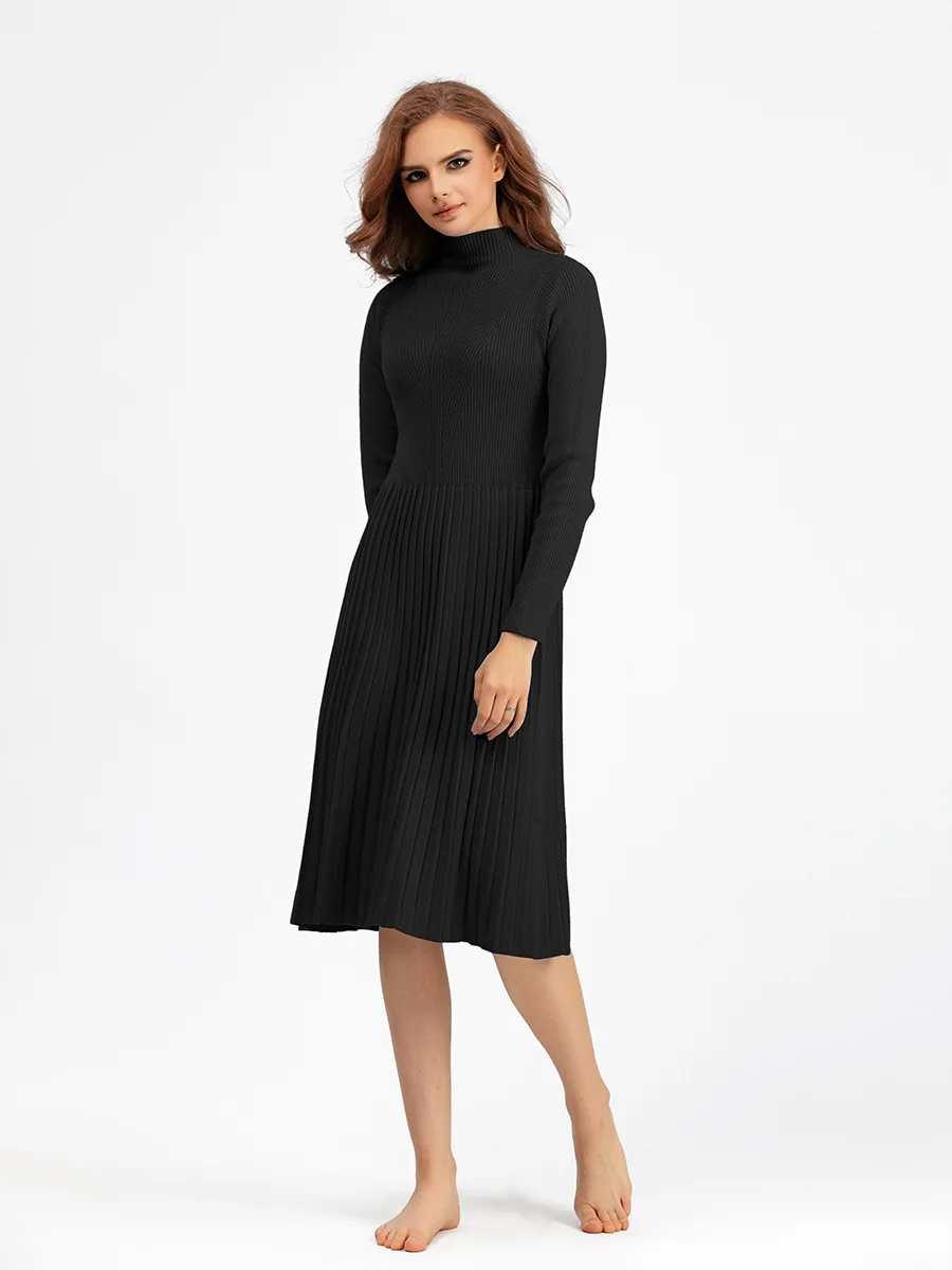 

2023 New Autumn Winter Dress for Women Clothing Solid Color Half High Neck Thickened Knee Length Mid Waist Dresses A-line Skirt