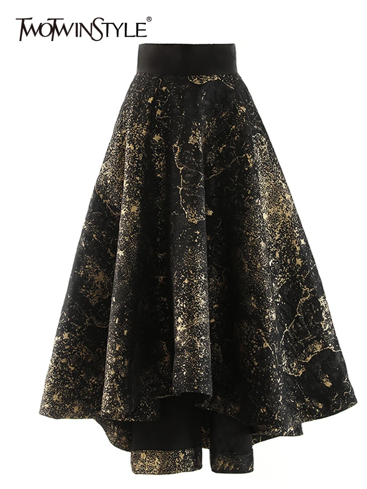 

TWOTWINSTYLE Vintage Glod Print Skirt For Women High Waist A Line Irregular Hem Elegant Summer Midi Skirts Female Clothing New