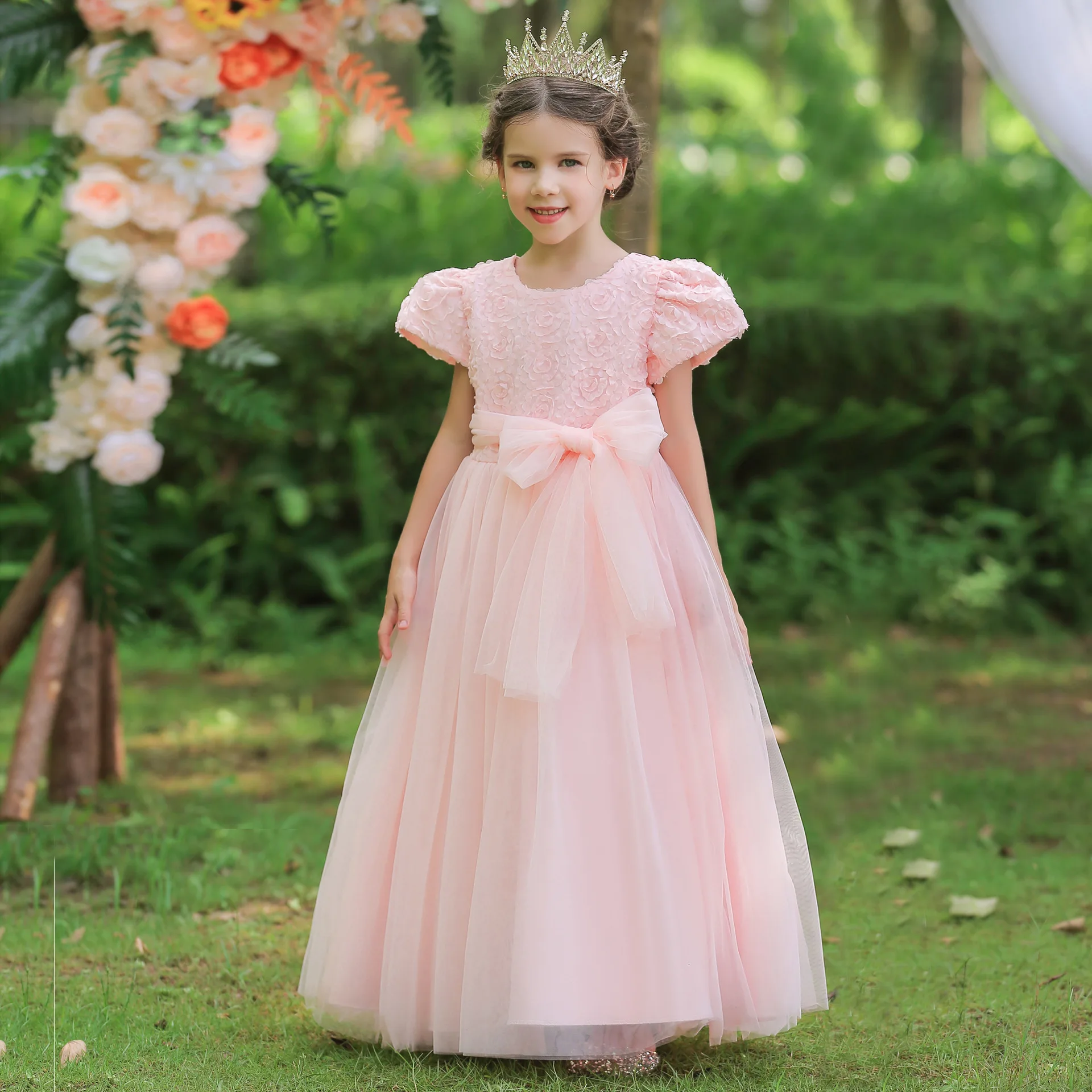 

DSP пышные рукава розовое платье принцессы в пол цветочные платья для девочек с бантом 4 6 8 10 лет женское свадебное платье