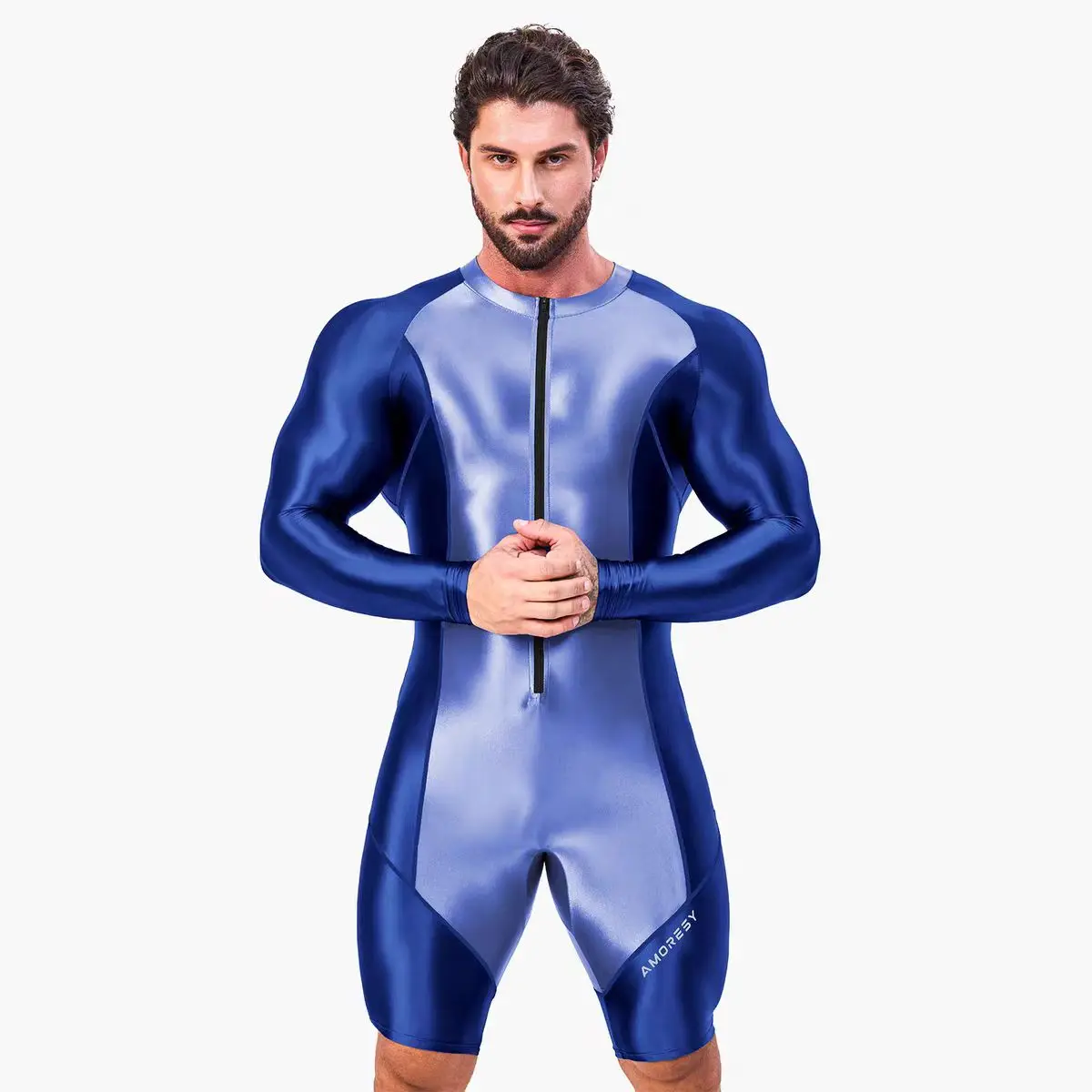HYRAX Long sleeved tight fitting men's sportswear with front zipper and five part jumpsuit for gymnastics swimming