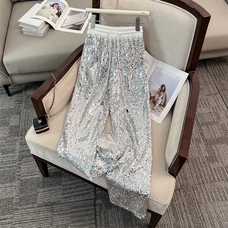 Брюки женские с блестками и широкими штанинами модные повседневные блестящие