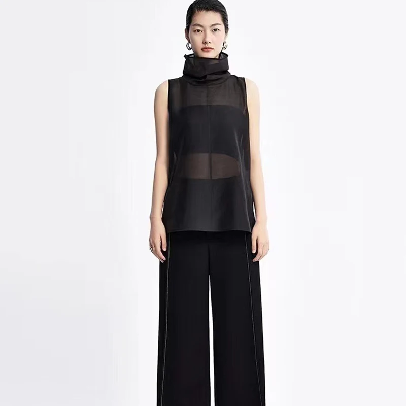 

Perspective aesthetics simple high collar sleeveless blouse 2023 summer new y2k thin section shirt black sexy ladies tops