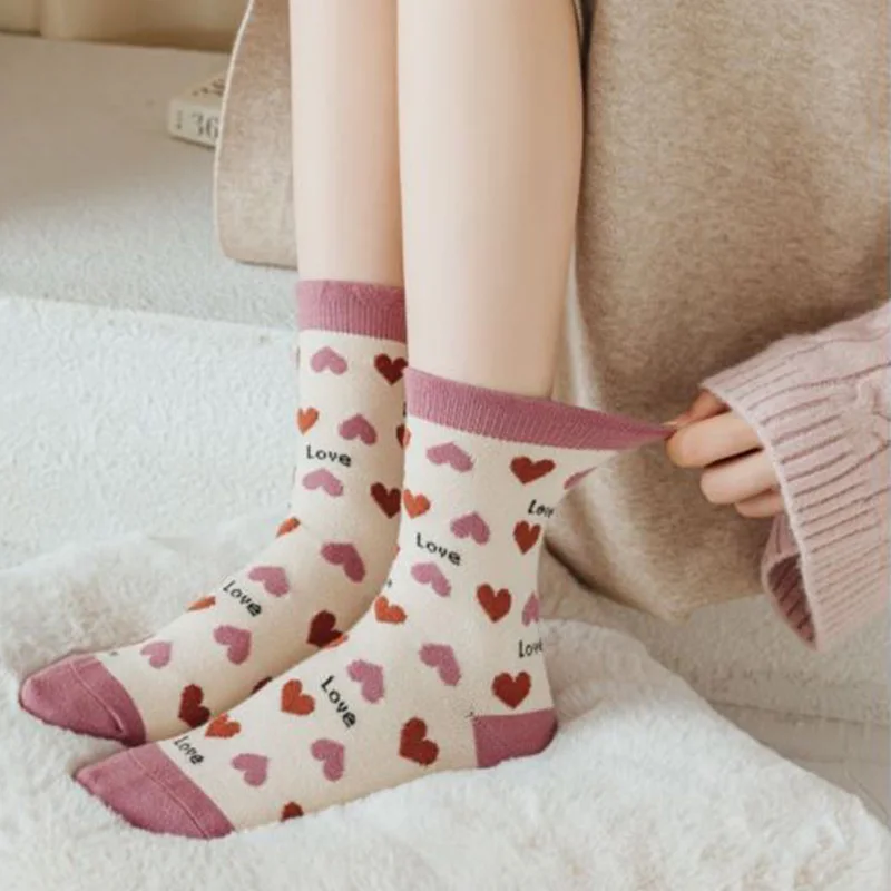 5 Pairs Fruit Print Wool Socks Women Love Heart Keep Warm Winter Socks Set Thick Long Leg Warmers Kawaii Socks Woman Fashion New
