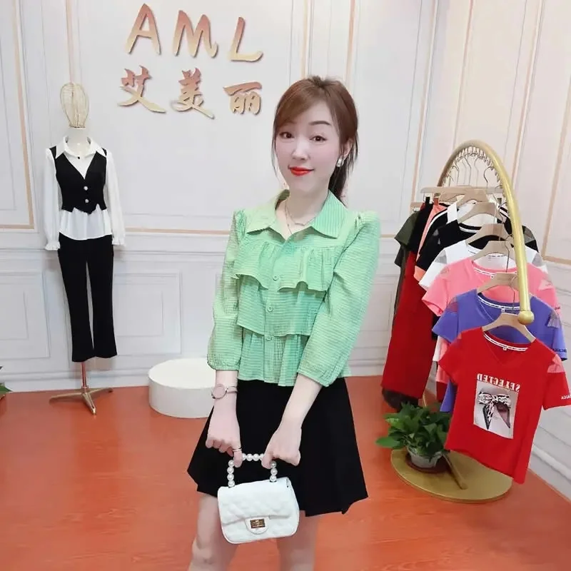 Женская рубашка с рукавом три четверти весна-лето 2024 новый стиль короткая