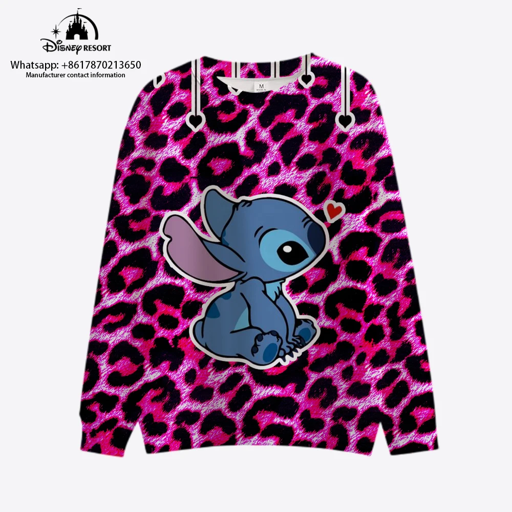 

New Ladies Leopard Print Fashion Casual Crew Neck Long Sleeve Kids Pullover Autumn Disney Brand Stitch Anime Sweater Y2K