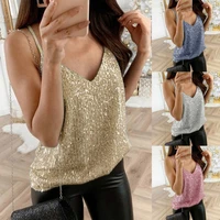 2022 summer new sexy v neck shiny silver dots pearlescent sling vest t shirt