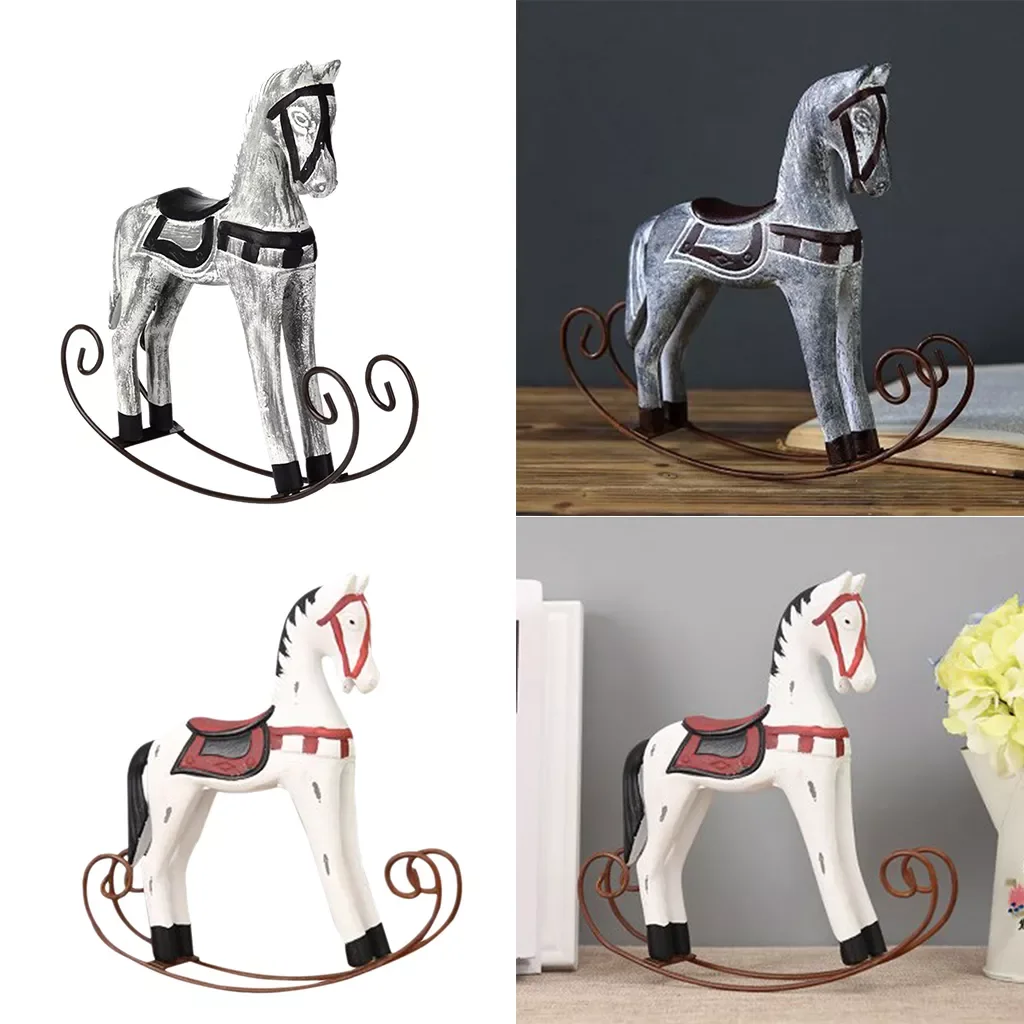 

Wooden Rocking Horse Statue Wedding Decor Wood Horse Crafts DIY Bar Living Room Ornament Kids Toys