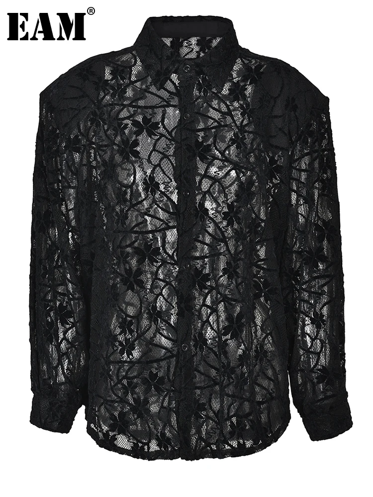

[EAM] Women Black Hollow Out Lace Big Size Blouse New Lapel Long Sleeve Loose Fit Shirt Fashion Tide Spring Autumn 2023 1DF9722