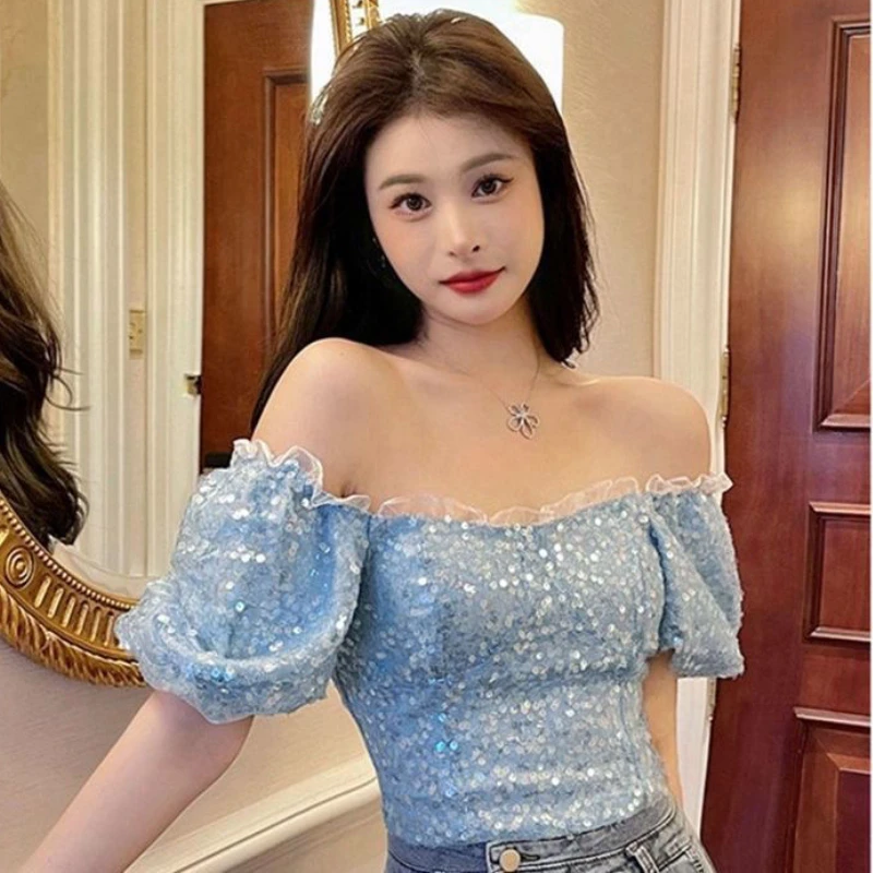 

Women Mesh Stitching Slash Neck Sequins Shirts Bubble sleeved Gauze Spliced Off Shoulders T-shirt Ins Beaded Blouses Tops Blusas