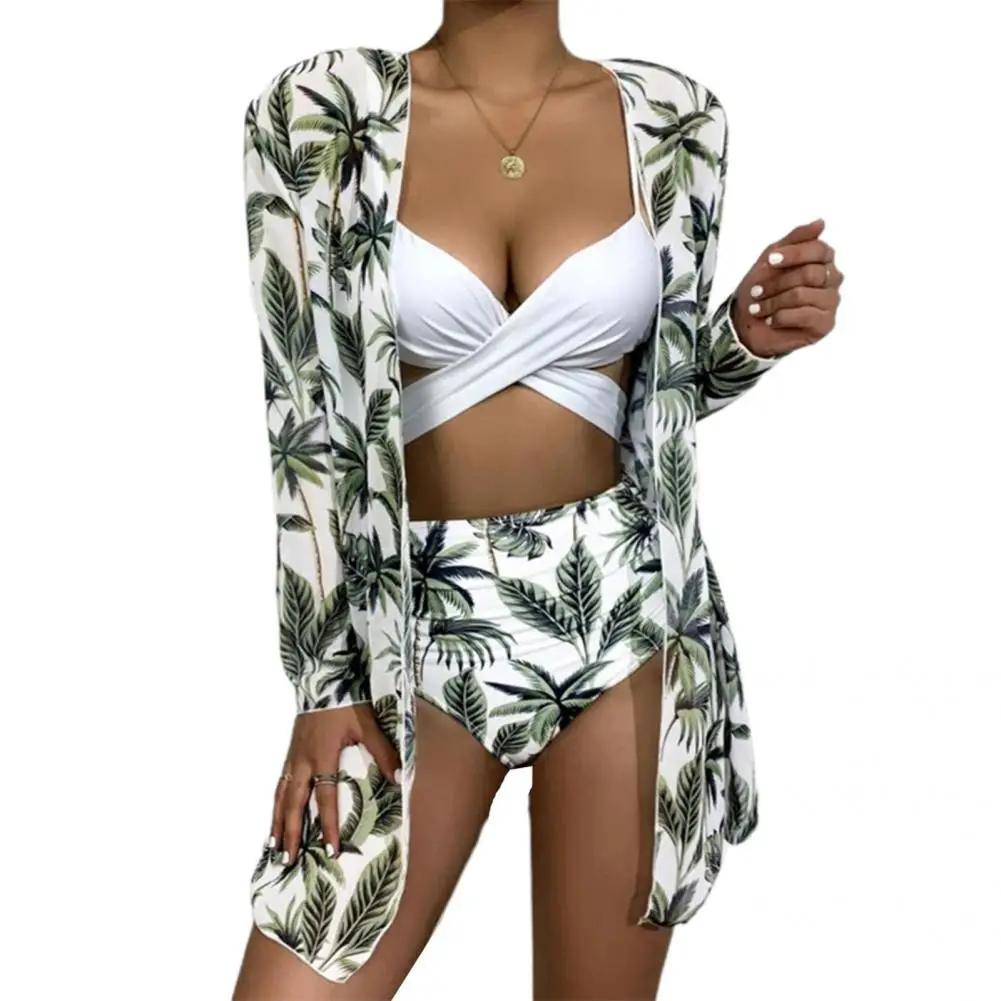 

Swimsuit Set Bandage Swimwear Suit Hawaii Floral Leaf Print Hawaii Bra Briefs Cardigan Swimsuit Set for SPA