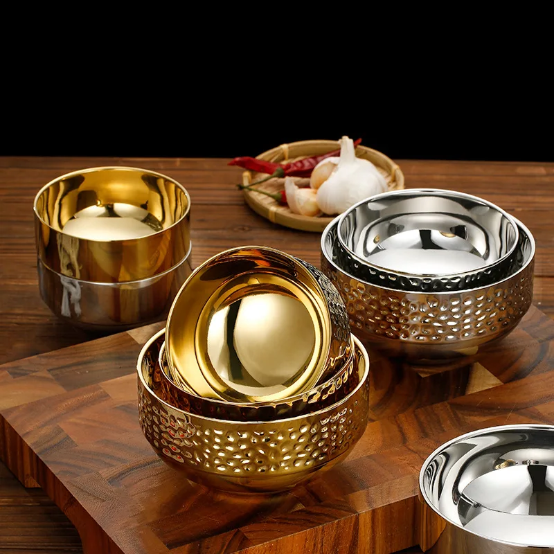 

double-layer scald-proof household rice bowl diamond pattern Lamian Noodles bowl golden cold noodle bowl304 stainless steel