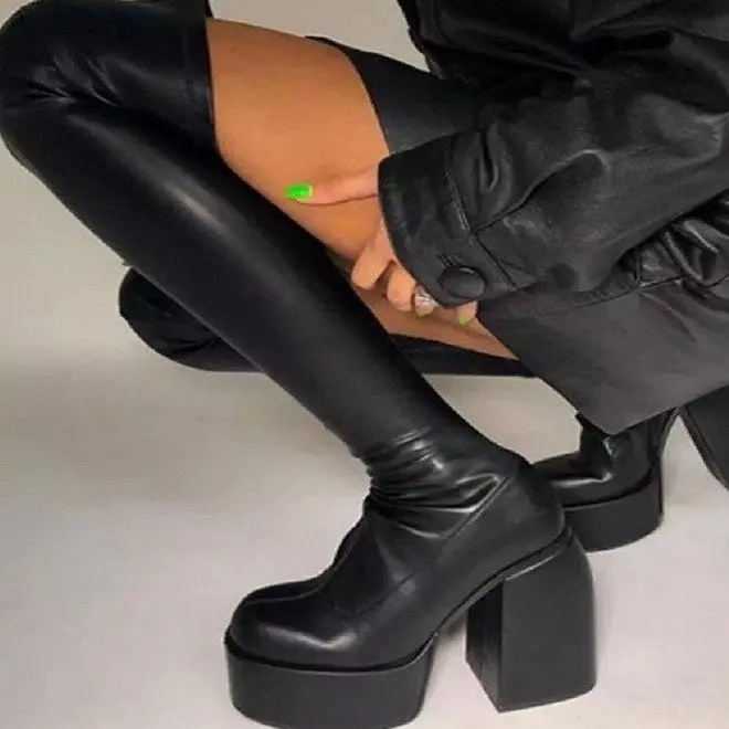 

Женские сапоги до колена, черные сапоги на высоком массивном каблуке и платформе, на молнии, большой размер 43, для зимы, 2022