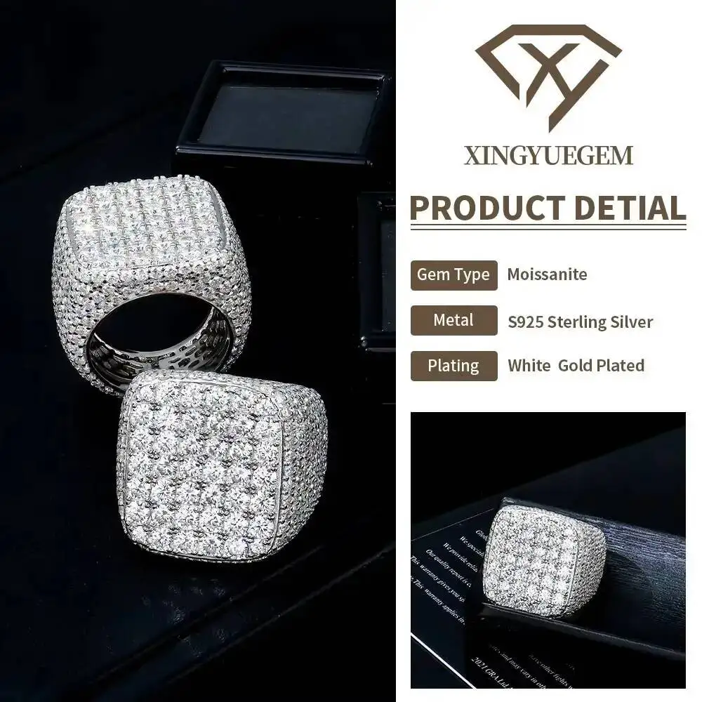 Фото Мужское кольцо Custom Gra Certified Trending S925 из стерлингового серебра с муассанитом, инкрустированное бриллиантами, в стиле хип-хоп, кубинское, большое №4