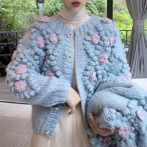 

Женский винтажный вязаный кардиган, однобортный свитер в Корейском стиле Харадзюку с рукавами-фонариками и цветами, уличная одежда на осень