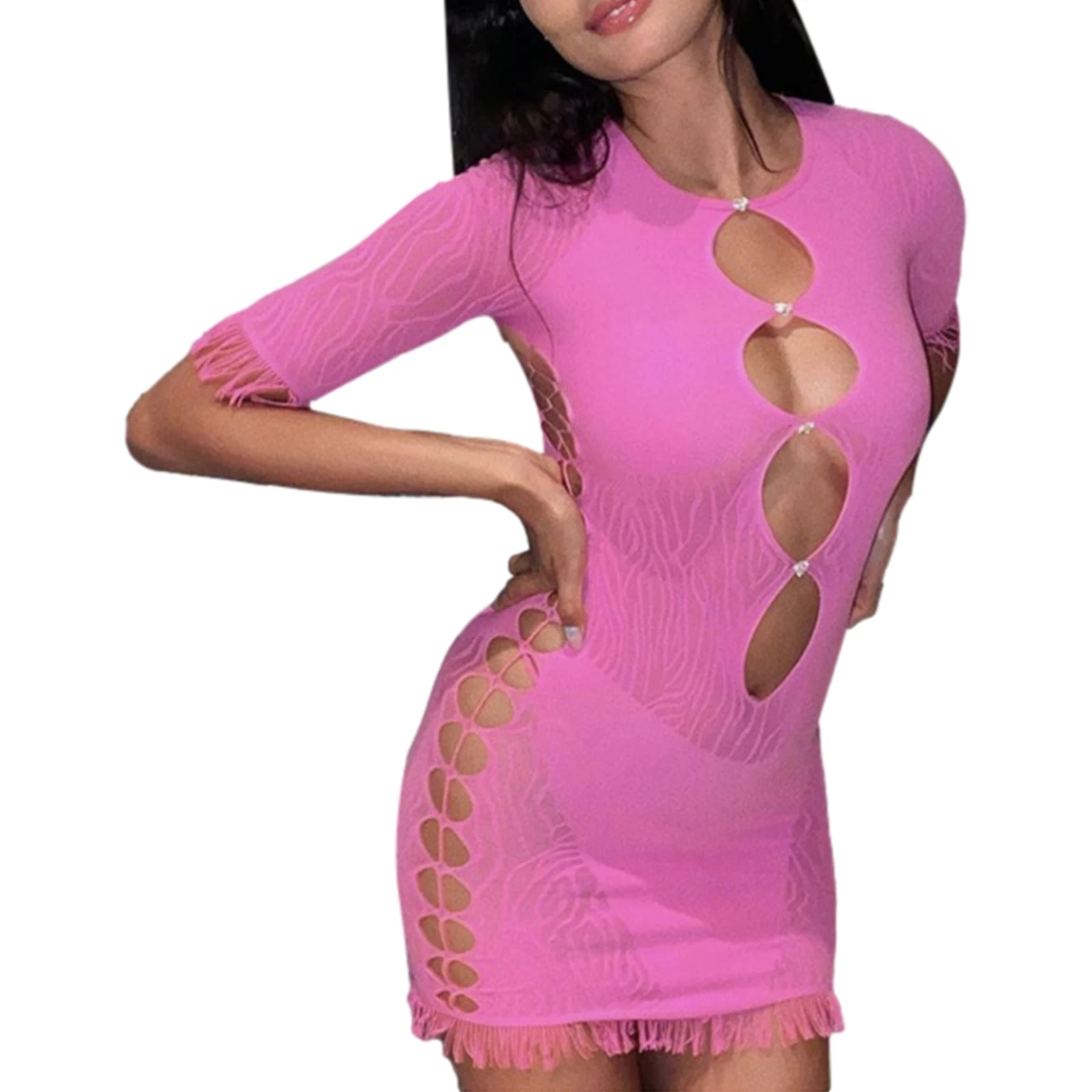 

Пикантная Женская одежда, прозрачное повседневное облегающее платье с коротким рукавом, модное однотонное короткое платье с вышивкой и кис...