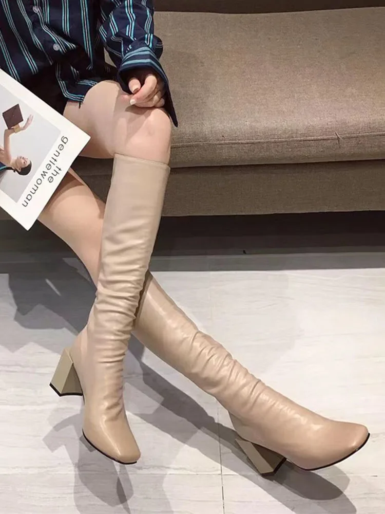 

Winter Women Chelsea Knee High Heels Boots 2022 New Fashion Thick Pumps PU Leather Motocycle High Boots Casual Shoes Zip Botas