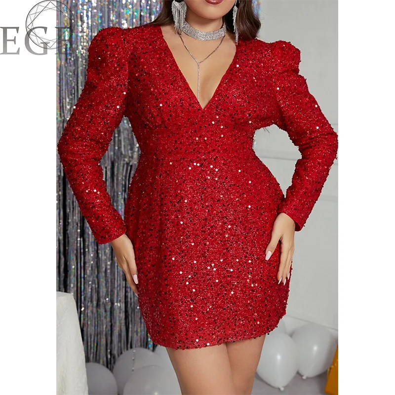 Plus Size V Neck Sequin Dress Christmas Red Bodycon Dress Elegant Luxury High Quality Prom Plus Size Dress