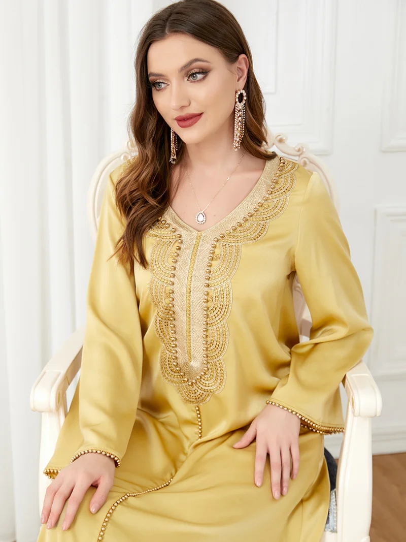 Arab Clothes for Women Golden Yellow Beaded Abaya Dress Ramadan Eid 2023 Elegant Muslim Dubai Turkey Moroccan Jalabiya